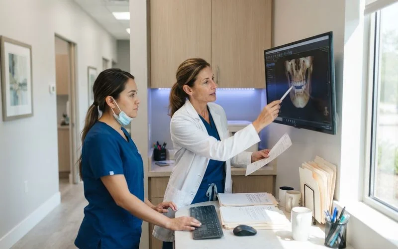 Dental provider pointing to a CT scan showing bone density near the sinus cavity