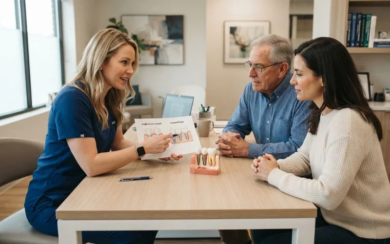 Adult child and elderly parent reviewing dental treatment options together with a dentist