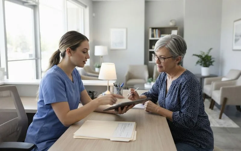 Patient discussing health history and medication list with a dental provider before implant surgery