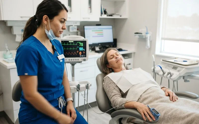 Dental team monitoring a sedated patient's vitals during an implant procedure
