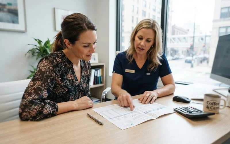 Patient reviewing a dental insurance explanation of benefits document at a consultation table