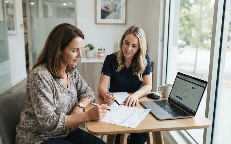 Dental office reception desk with a patient reviewing an itemized treatment cost estimate